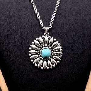 925 Silver Necklace w/ Turquoise Sunflower Pendant Women's Vintage Boho Gift